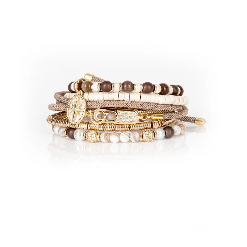 The Dark Ivory & Mocha Beaded Bracelet Stack Gold Compass Charm