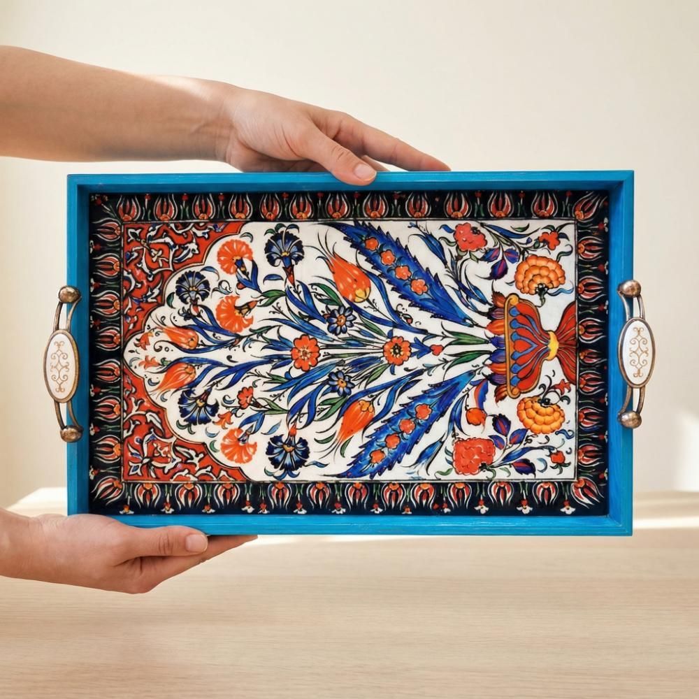 Handmade Turkish Serving Tray - Iznik Ceramic Style Decor