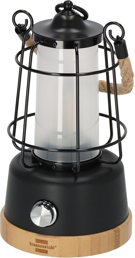 Brennenstuhl 1171800010 LED Rechargeable Camping Lantern Cal 1 (350 lm, IP44, up to 75h Burn time, infinitely dimmable, Adjustable Colour Temperature, Rechargeable Camping Light with Hemp Rope and Bamboo Base)