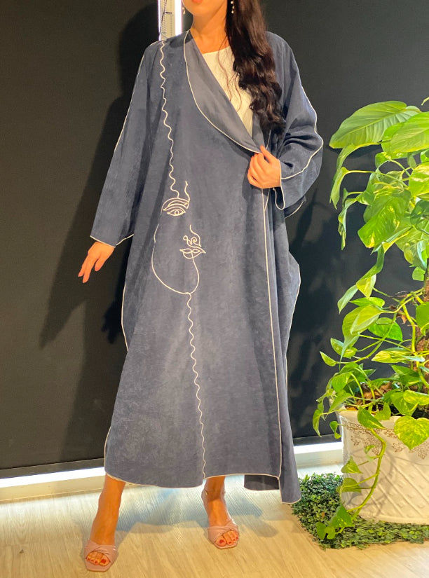 MOiSTREET Blue Bisht Style Abaya with Thread Work