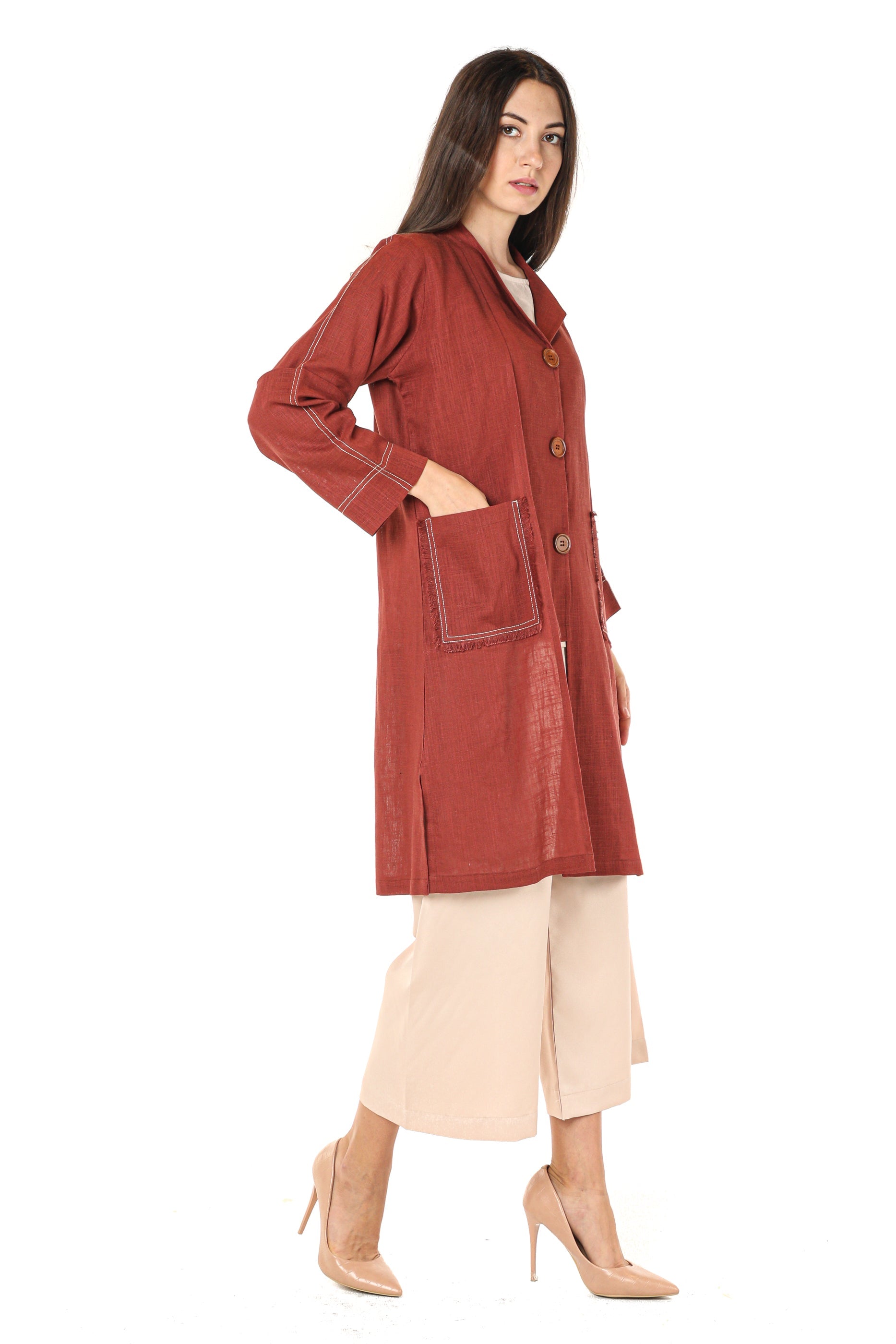 MOiSTREET Maroon Linen Fabric With Crepe Top And Pants