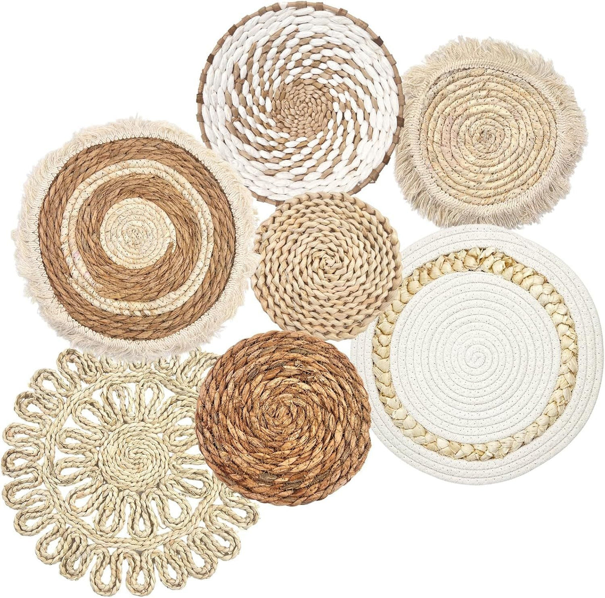 7pcs Boho Wall Baskets Wall Hanging Rattan Decor Farmhouse Macrame Hanging Woven Baskets