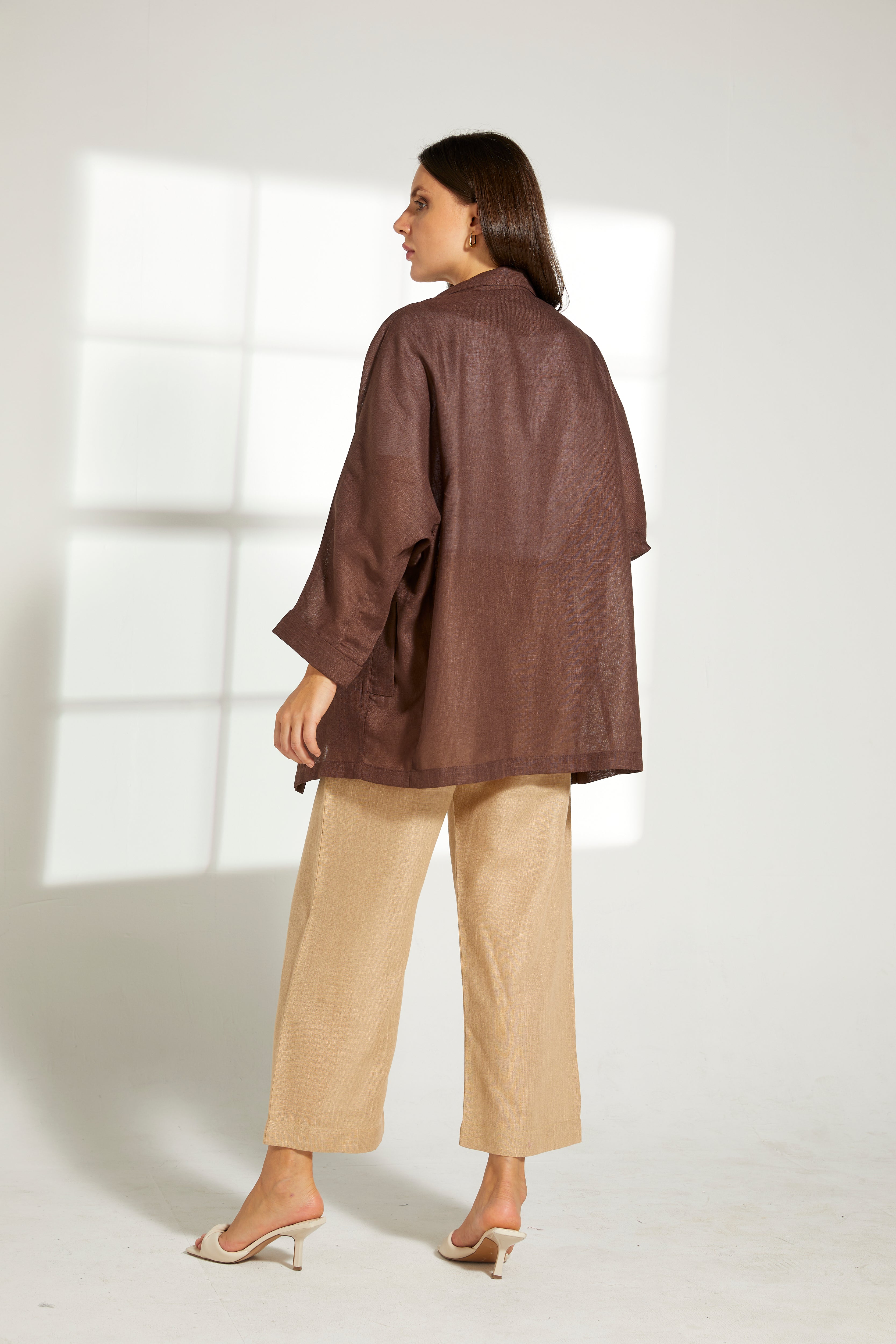 MOiSTREET Brown  Linen Top and Beige Pants Set