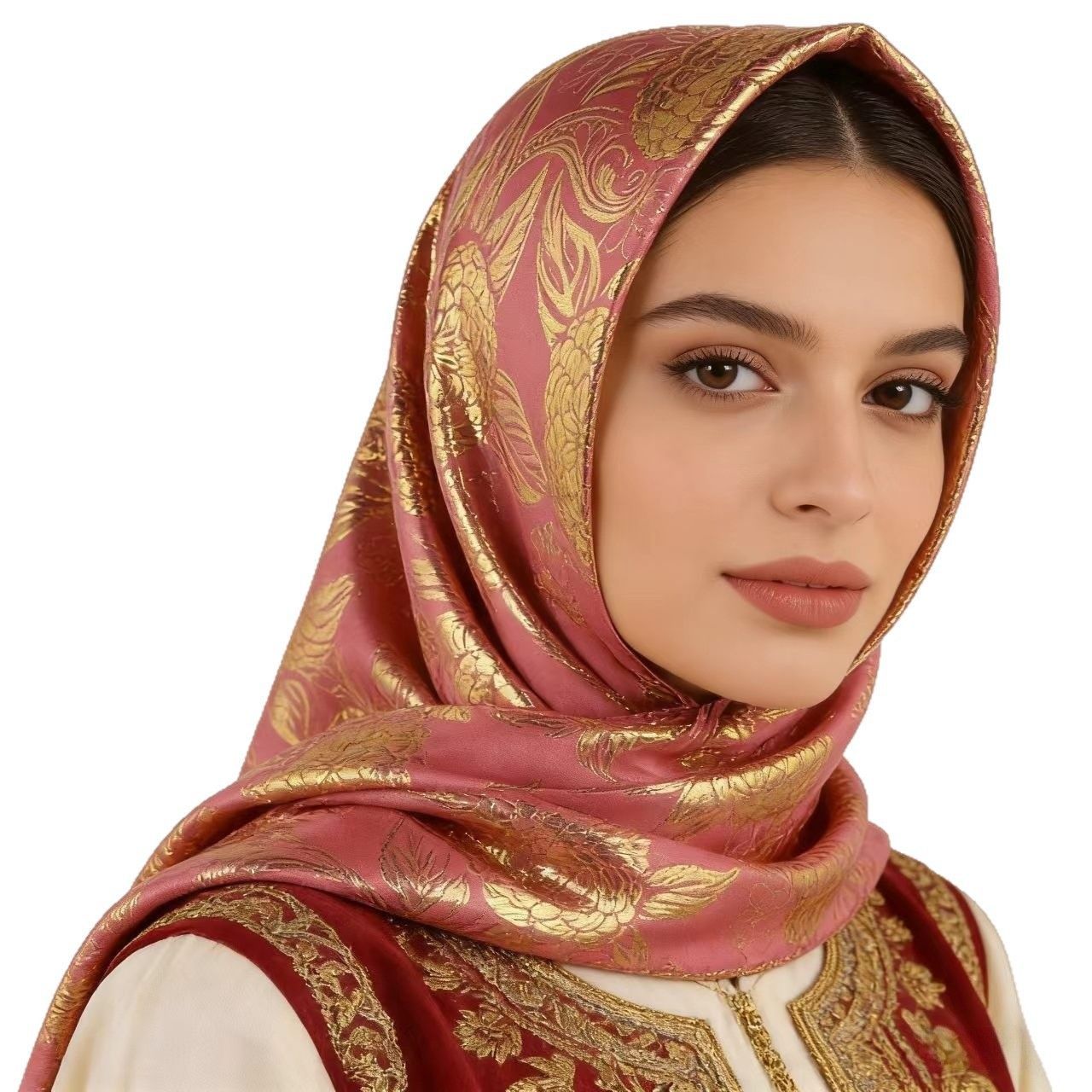 Pink Gold Silk Jacquard Square Hijab Scarf for Women 90cm