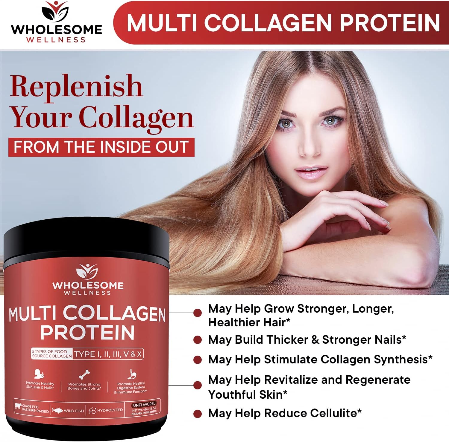 Wholesome Wellness Multi Collagen Peptides Protein Powder Unflavored 454g