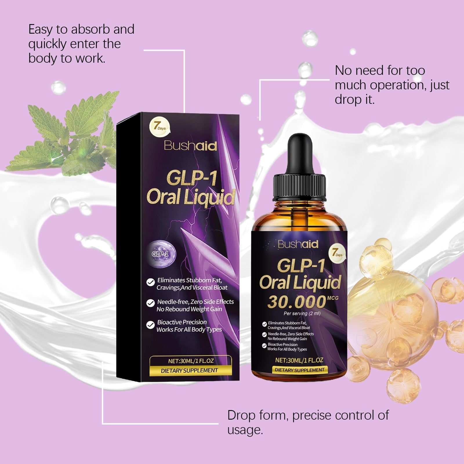 BushAid Intestinal Decompression Drops for Body Care, Slimming & Stress Relief, Natural Green Tea & Moringa Extract ,30ml