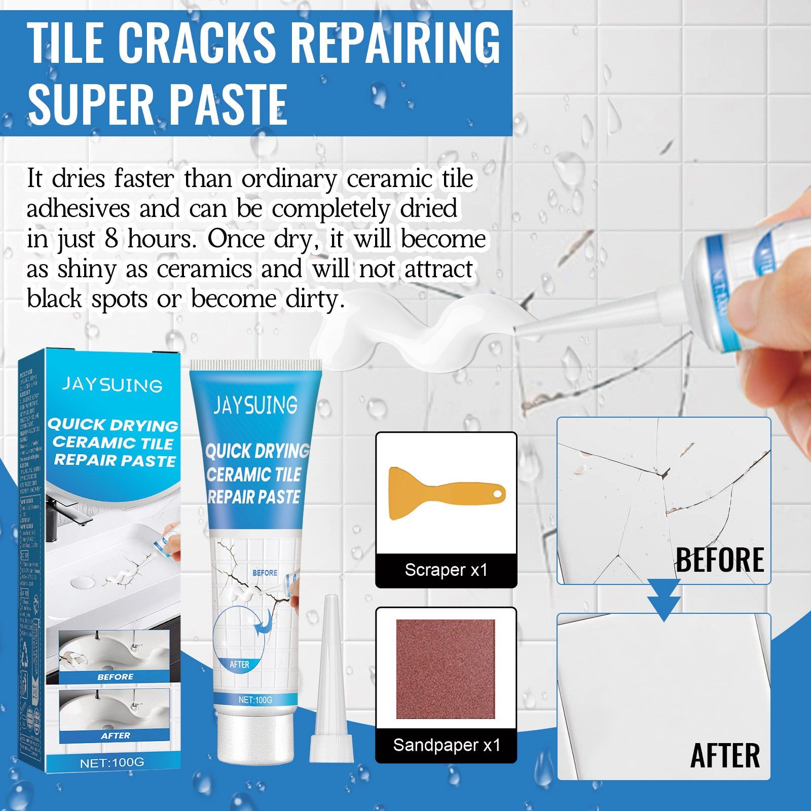 Fast Dry Tile Repair Glue, Crack Fix, Waterproof, Durable, Easy to Use ,1set