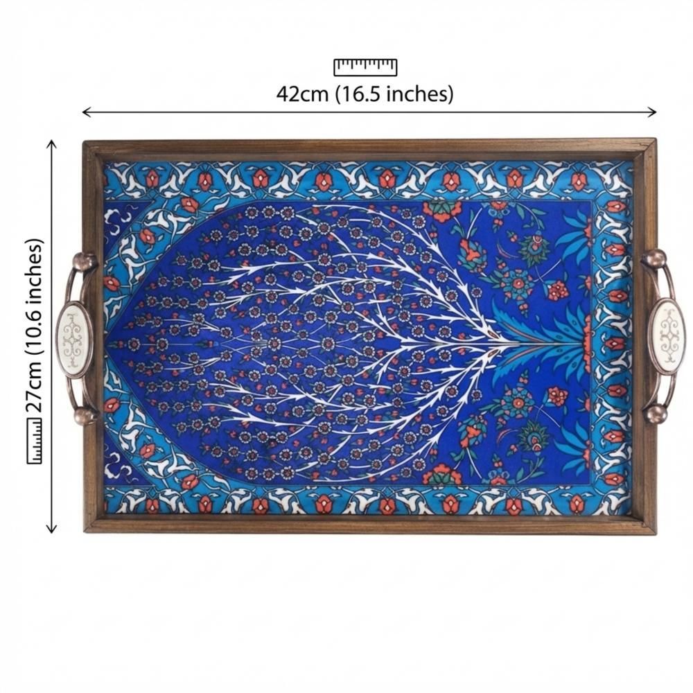 Blue Ceramic Tile Coffee Table Tray, Iznik Style Wooden Serving Tray