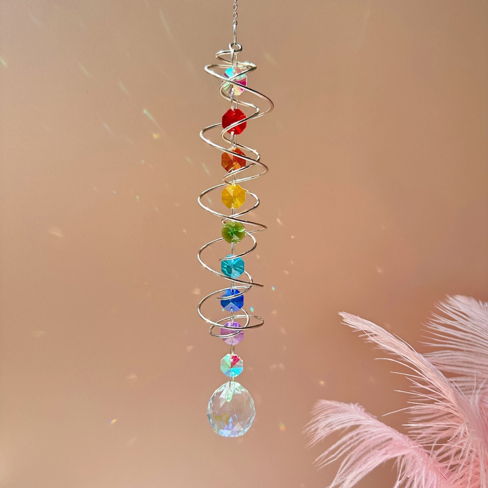 Suncatcher Wind Spinner Gazing Ball Spiral Tail Crystal Sun Catchers with Seven Chakra Beads