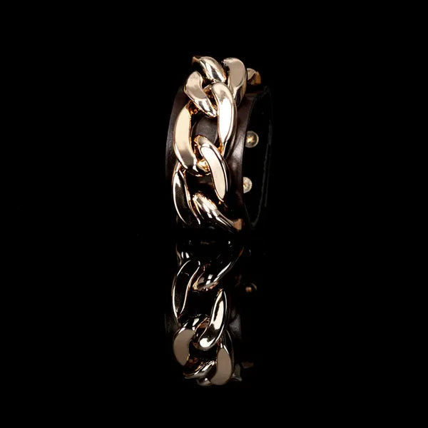 The Dark Brown Leather Chain Cuff Bracelet with Oversized Gold Links Handmade Statement Bracelet