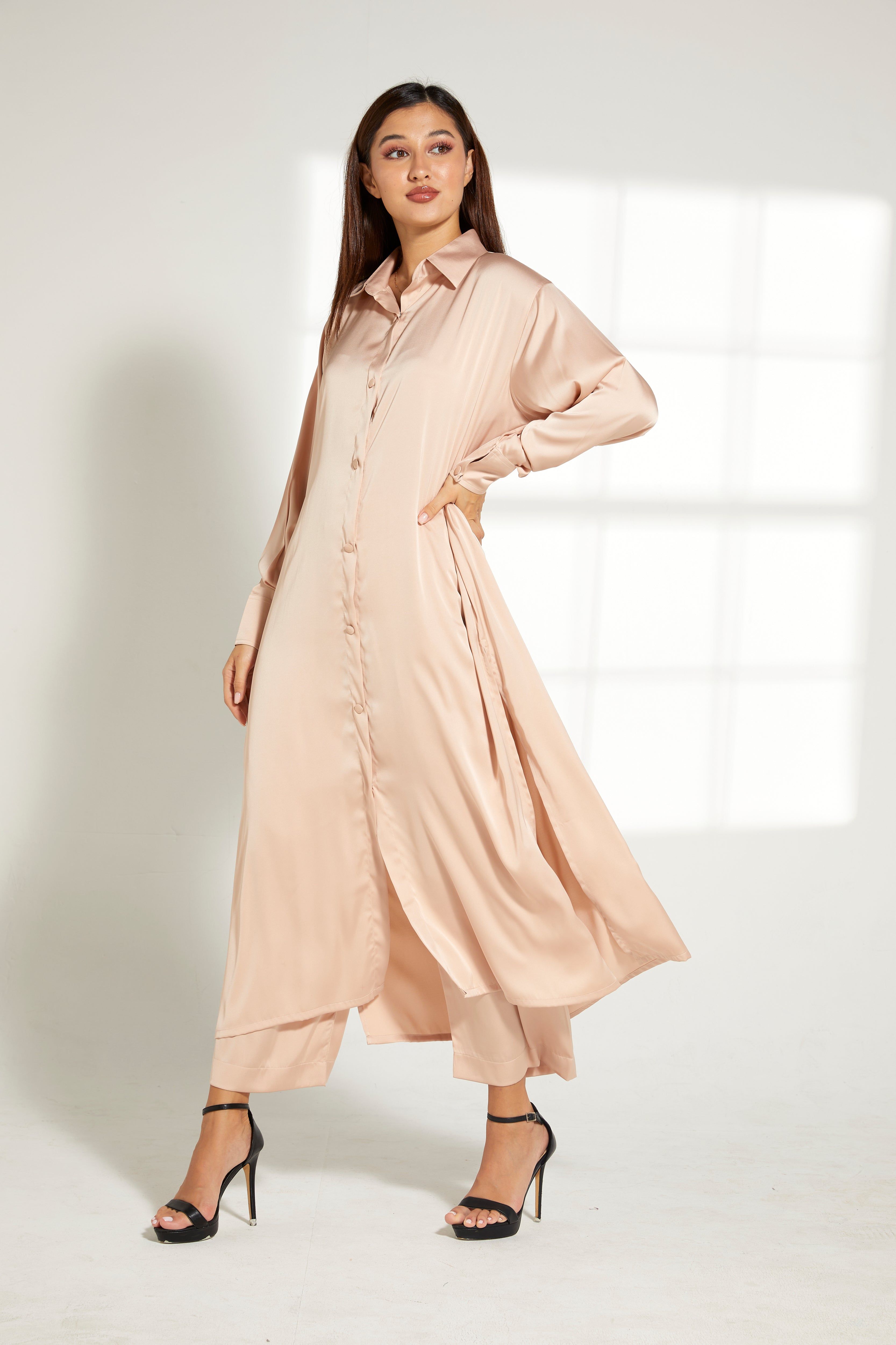 MOiSTREET Beige Silk Fabric Top and Pants Set