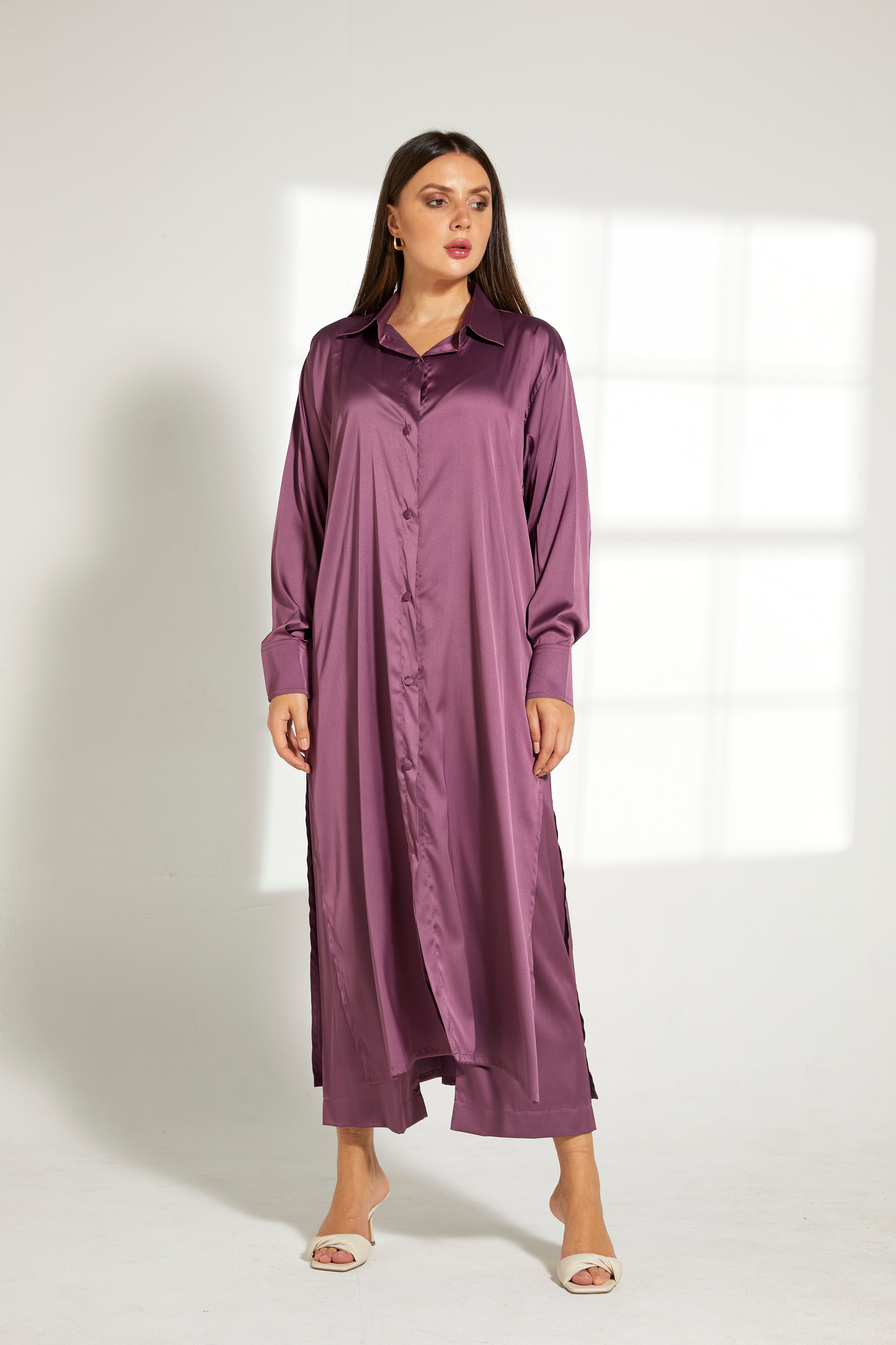 MOiSTREET Purple Silk Fabric Top and Pants Set
