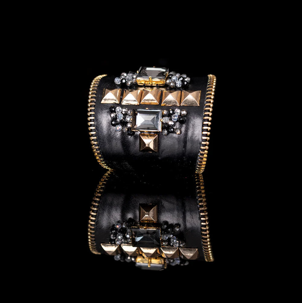 The Dark Black Leather Studded Cuff with Crystals & Gold Zipper Edge
