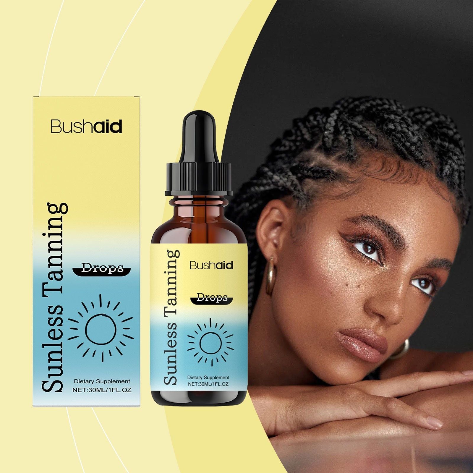 BushAid Tanning Anti-Sunburn Drops for Body Care, Natural Skin Tone, Vitamin Boost ,30ml