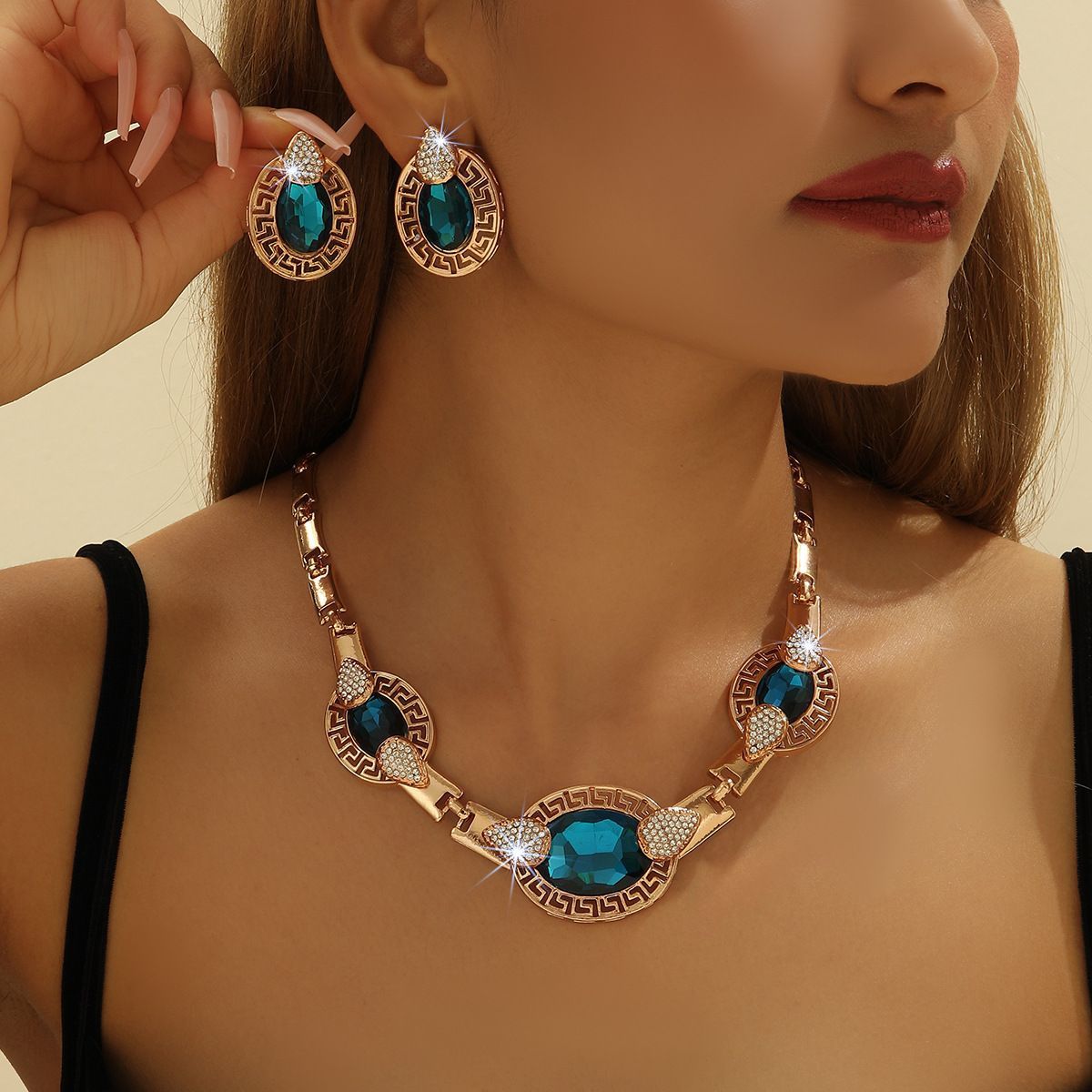 Elegant Blue Crystal Gold-plated Necklace and Earrings Set Women Jewelry