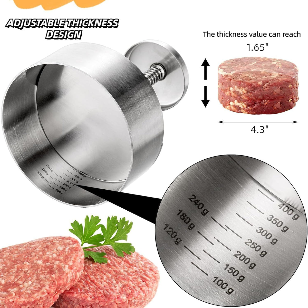 Adjustable Burger Press Non Stick Patty Maker Mold Stainless Steel Meat Press for Hamburger Beef