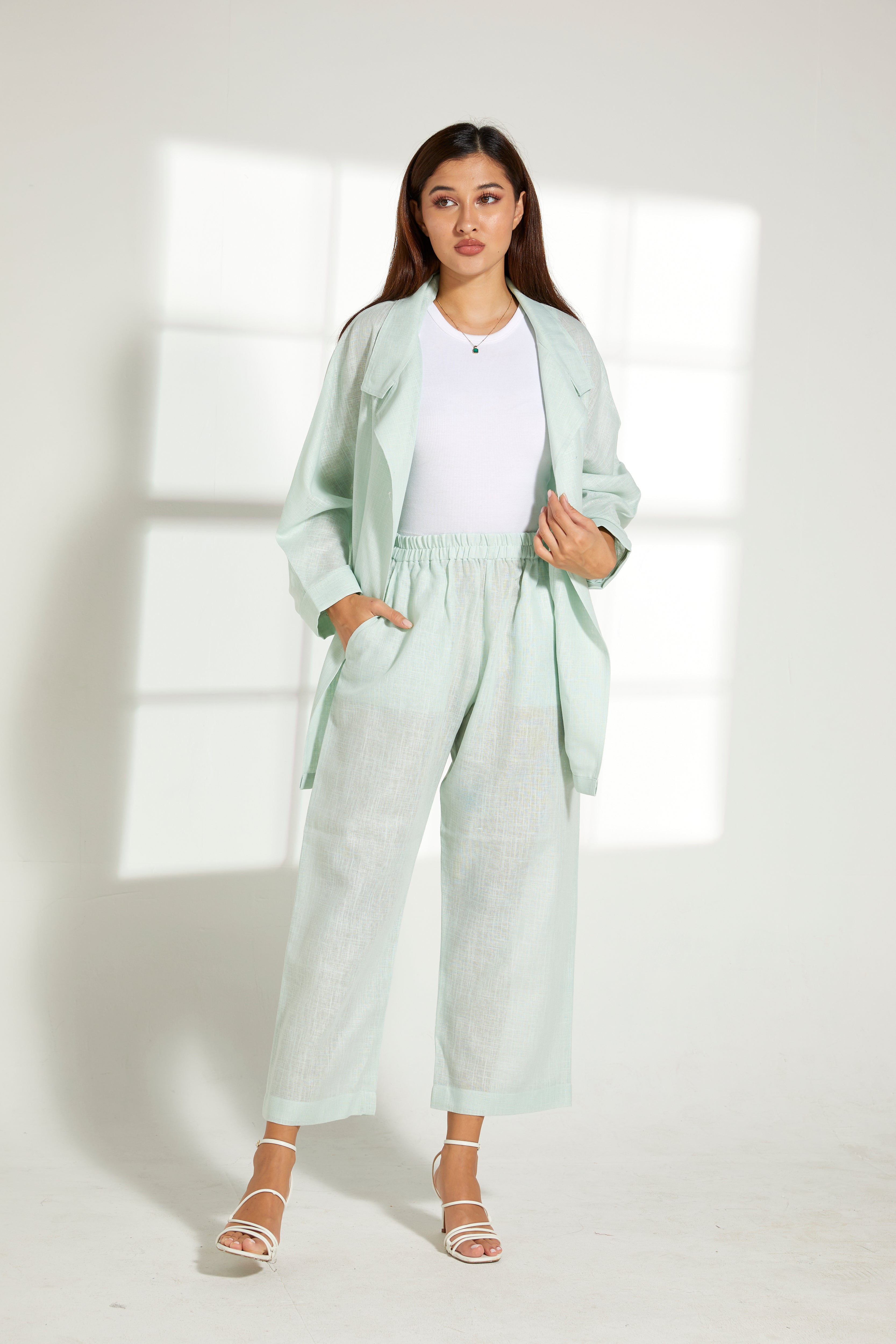 MOiSTREET Sea Green Linen Top and Pants Set