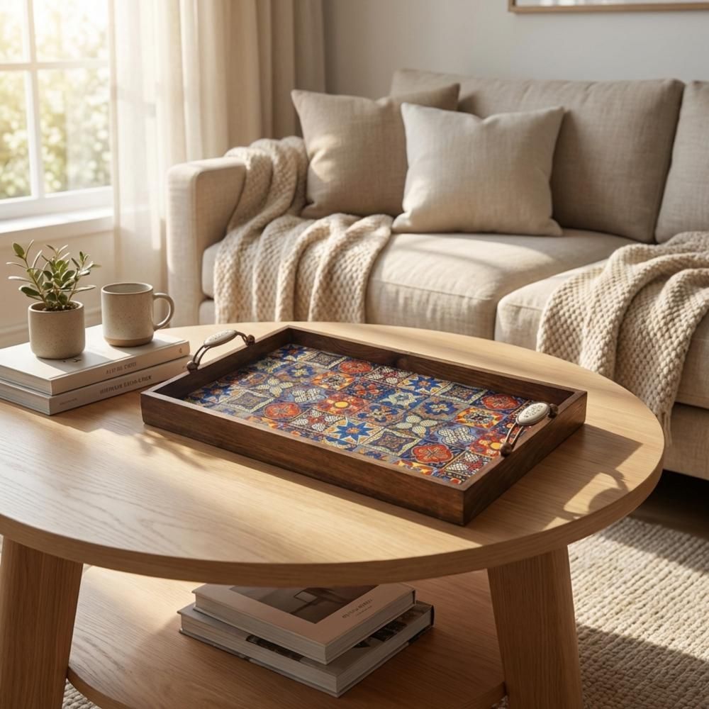 Handmade Wooden Tray, Turkish Tile Pattern, Ottoman Coffee Table Decor