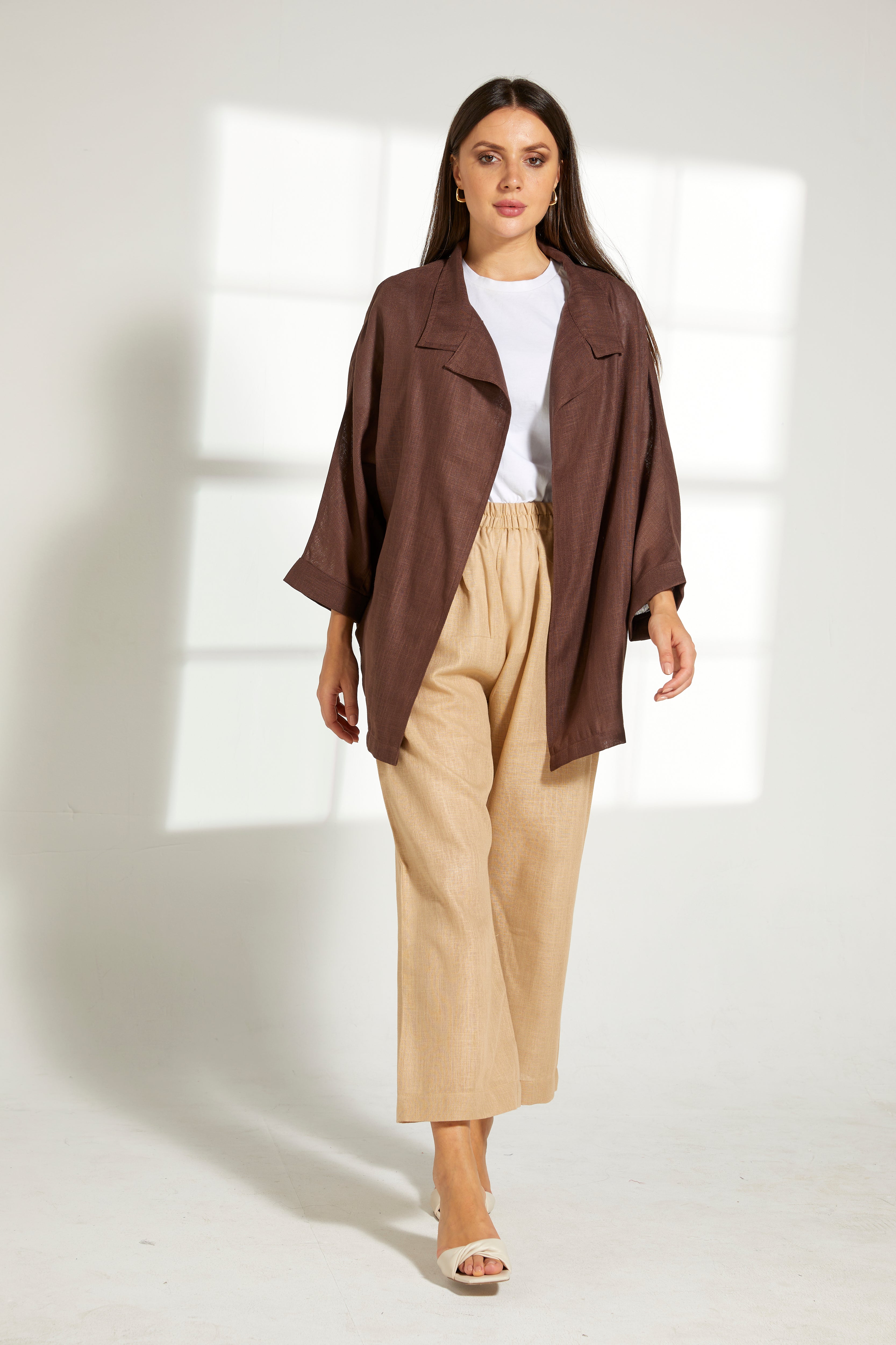 MOiSTREET Brown  Linen Top and Beige Pants Set