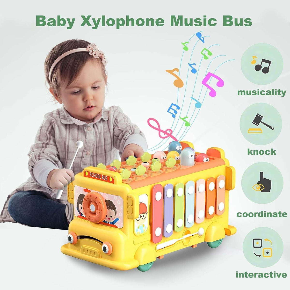 Toddlers Baby School Bus Toy Baby Xylophone Music Bus Toys for 1 Year Old Boys Girls