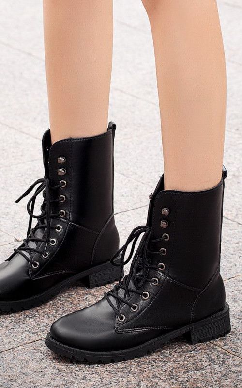 Lace Up Pu Leather Boots Women Block Heel Mid Calf Shoes Gothic Punk Low Heel Ankle Boots
