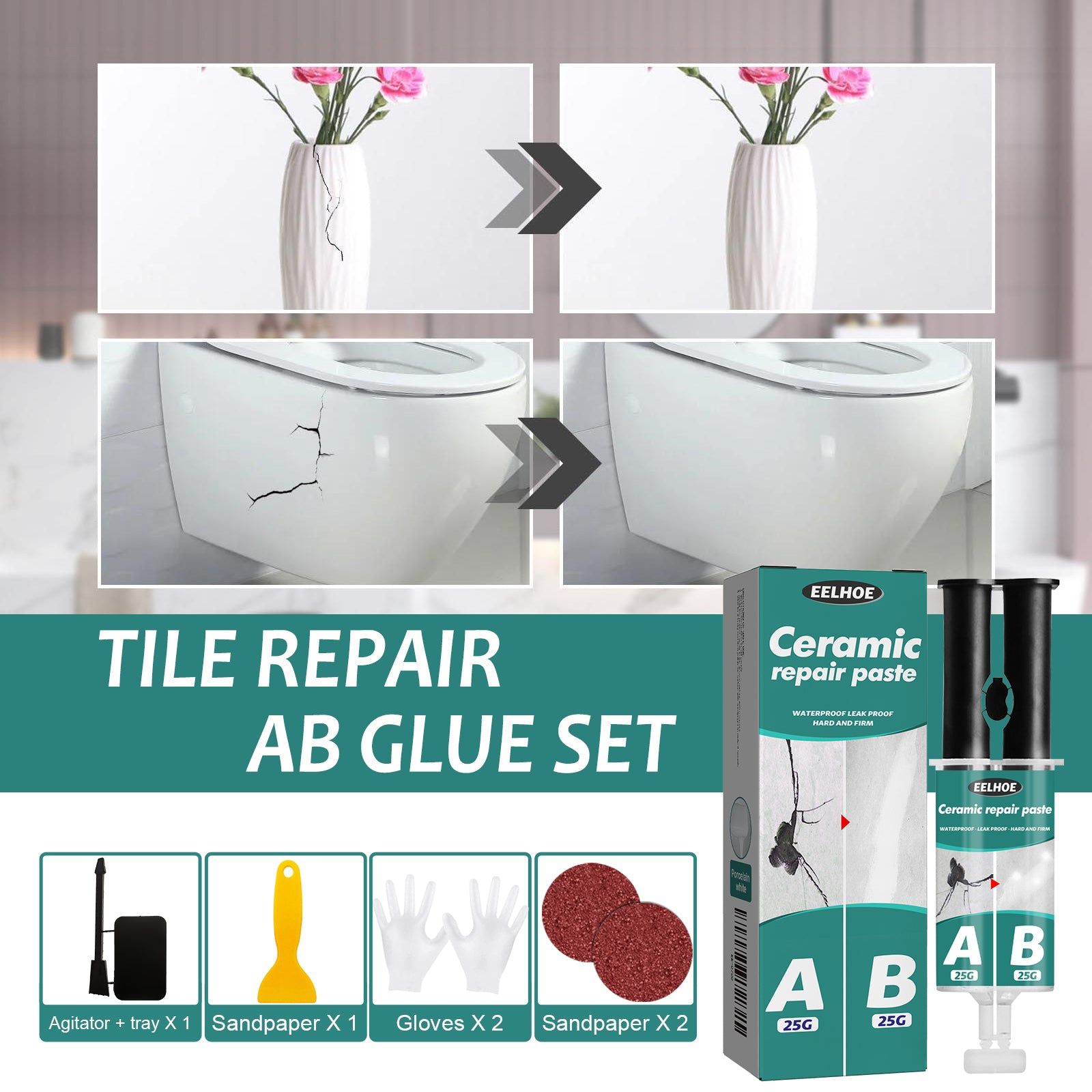 Ceramic Repair Paste, Fix Cracks Fractures, Metal Tile AB Adhesive, Quick Durable Fix ,50g
