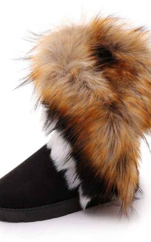 Winter Snow Boots Women Ankle Slip On Boots Faux Fox Rabbit Fur Suede Flat Shoes