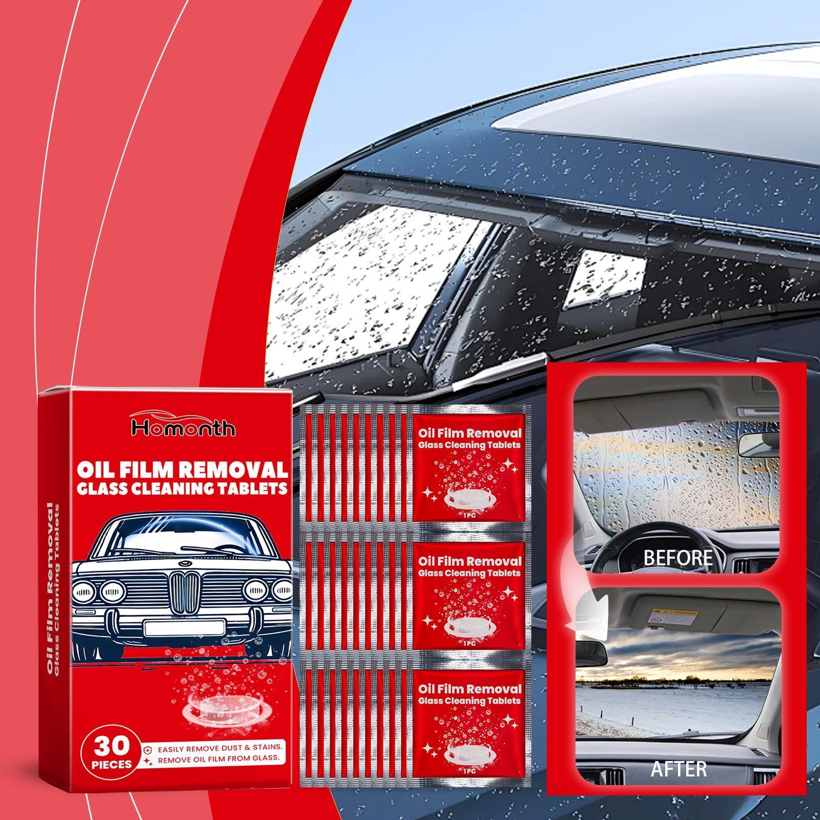 Car Oil Film Cleaning Sheets, Rain & Fog Glass Cleaner, Easy Windshield Shine ,30pcs