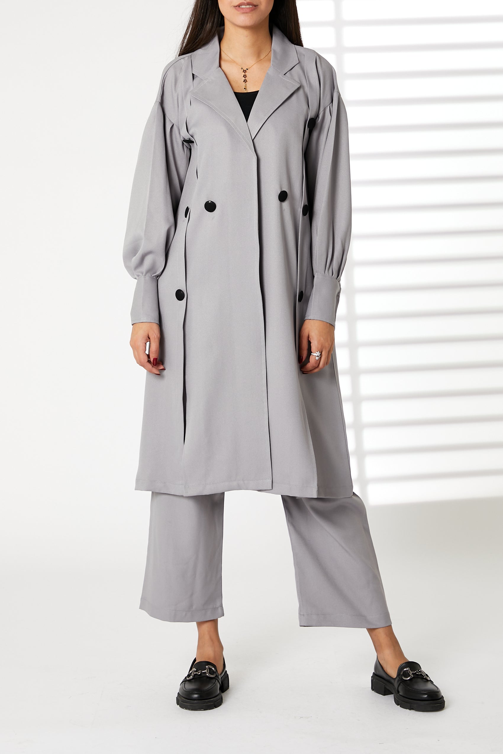 MOiSTREET Grey Mid Length Barbie Crepe Trench Coat Set