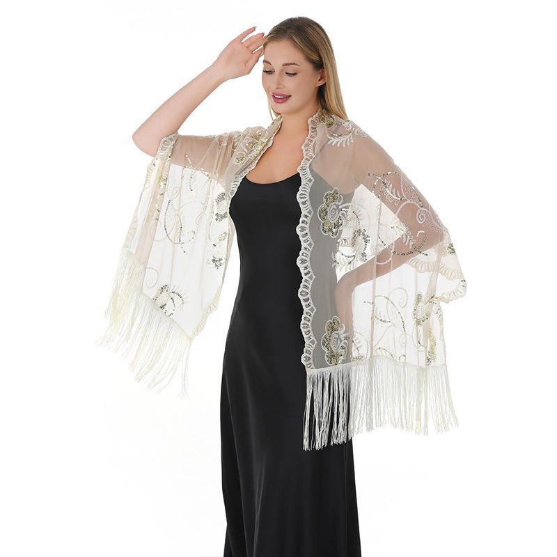 Luxury Black Gold Embroidered Fringe Shawl Wrap for Women Evening Party