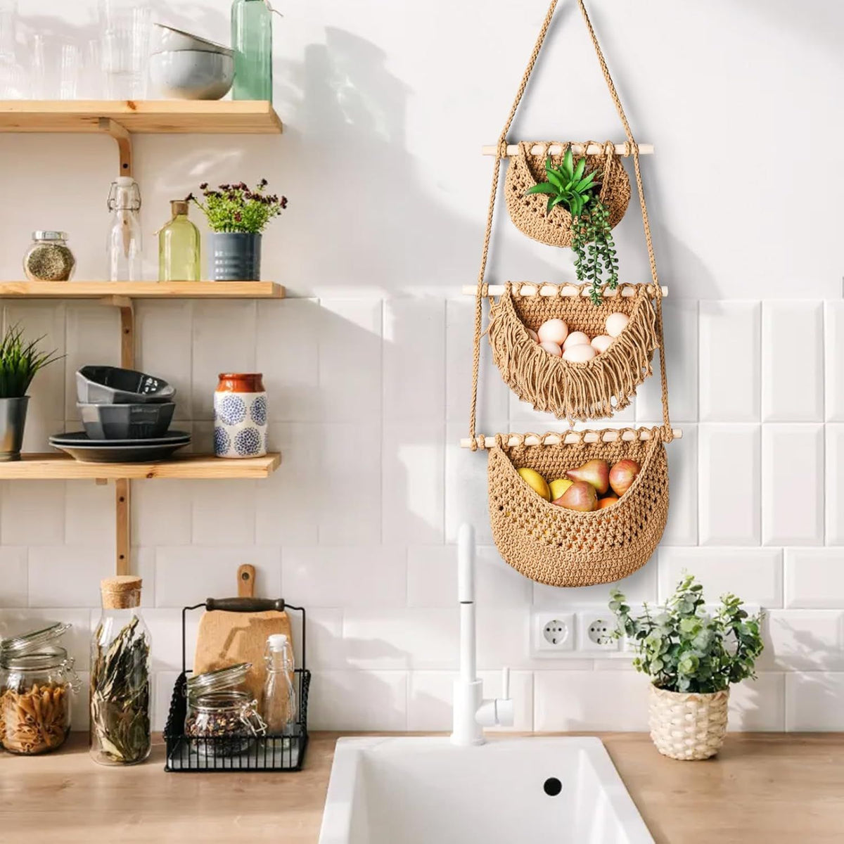 3 Tier Hanging Fruit Basket Woven Cotton Wall Mounted Storage Baskets for Kitchen Bedroom