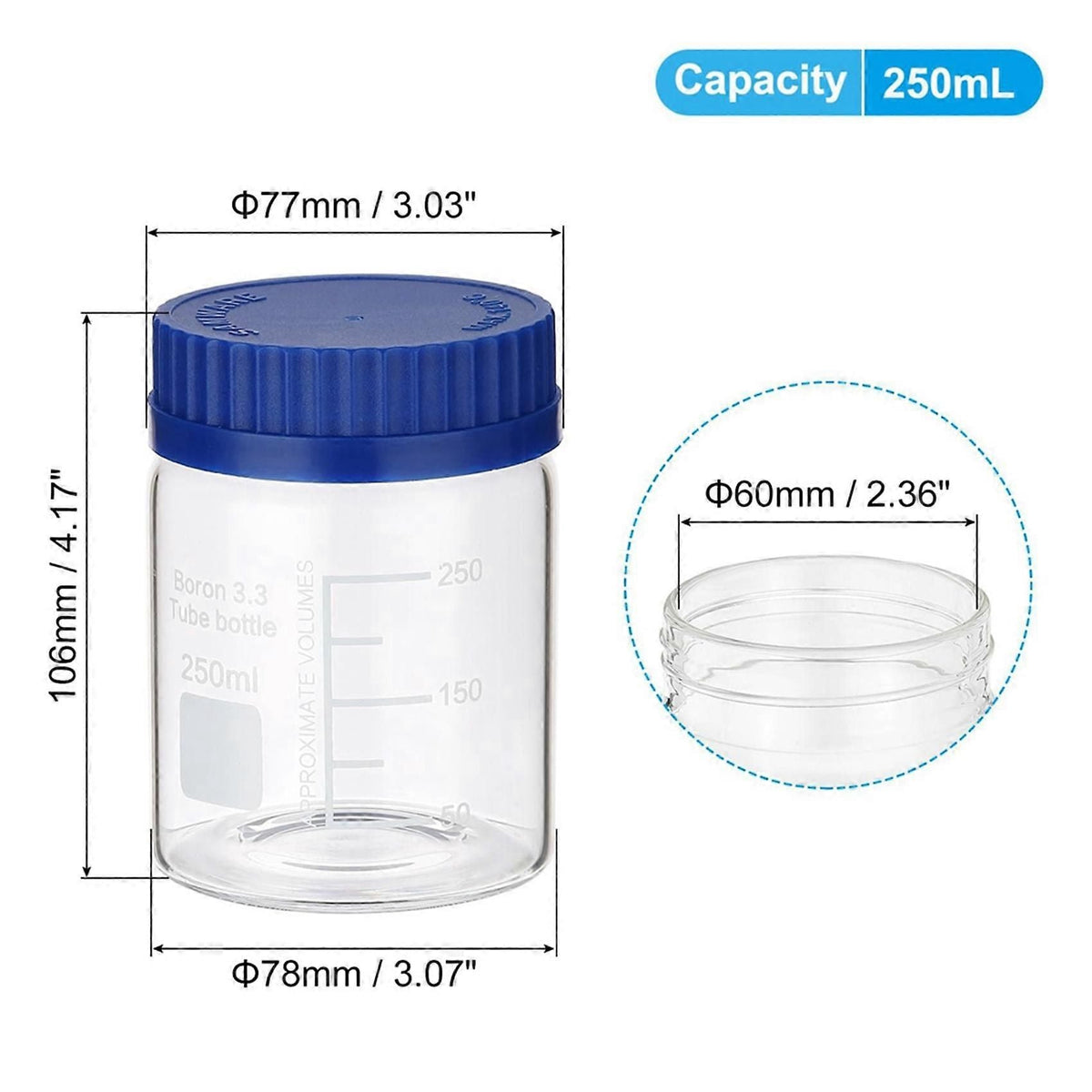 8 Pack Reagent Media Storage Bottles, 250ml Borosilicate Glass Wide Mouth Graduated Round Bottles with GL32 Screw Cap