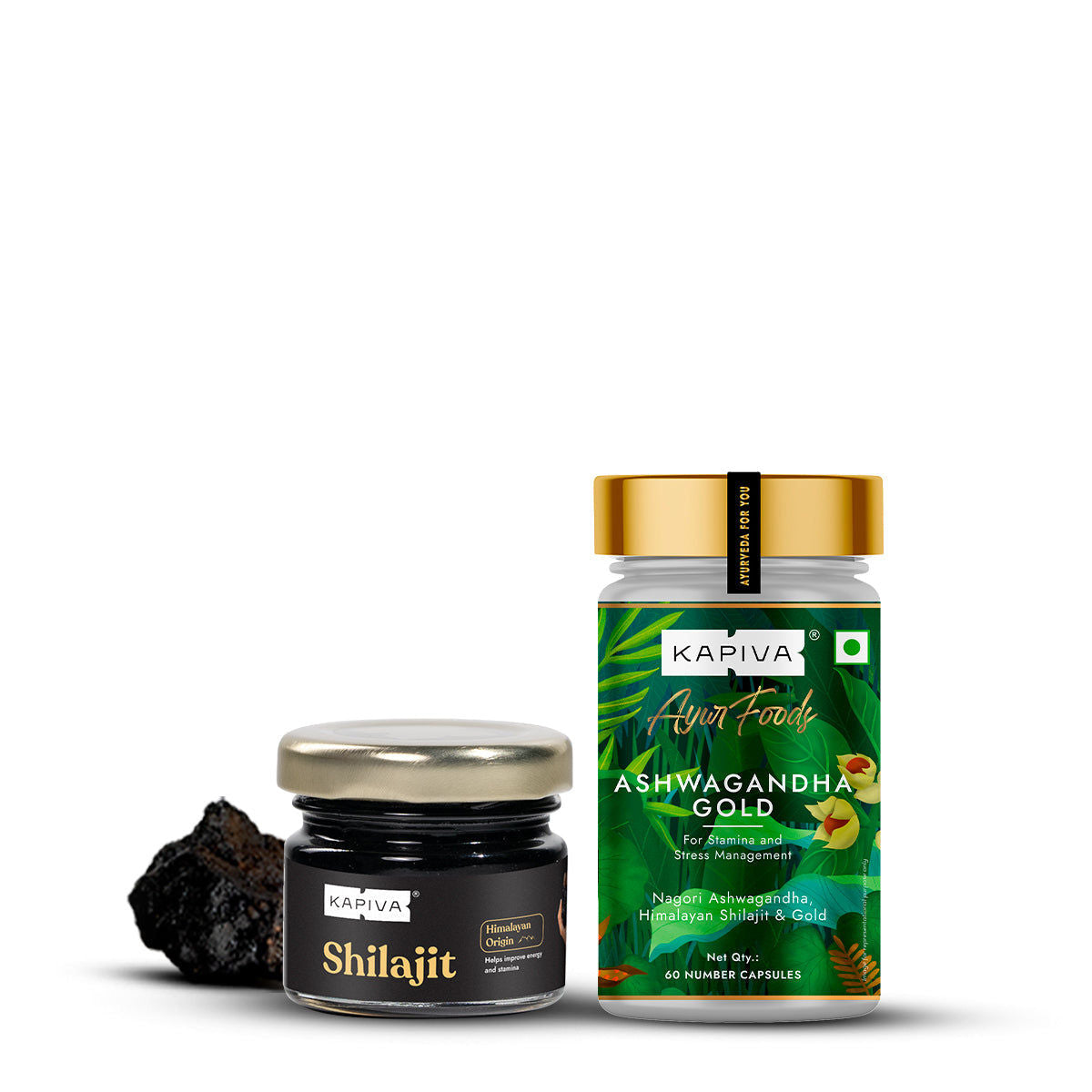 Kapiva Fitness & Stress Relief Combo with Ashwagandha Gold Caps and Himalayan Shilajit 20Gm