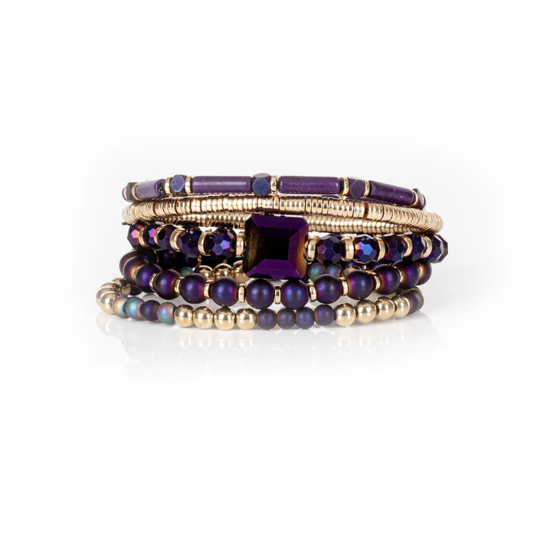 The Dark Midnight Amethyst Crystal Bracelet Stack Deep Purple & Gold Sale price