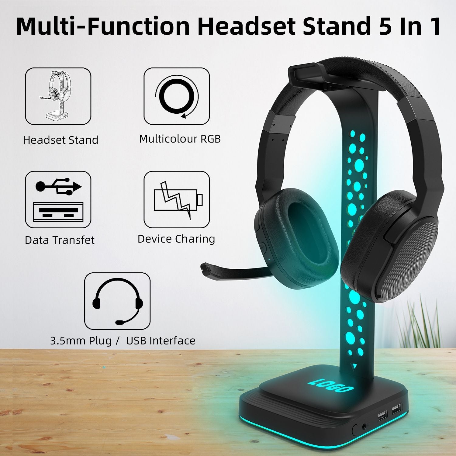 RGB Headphone Stand Gaming Headset Holder With 2 USB Charger And 3.5mm Port