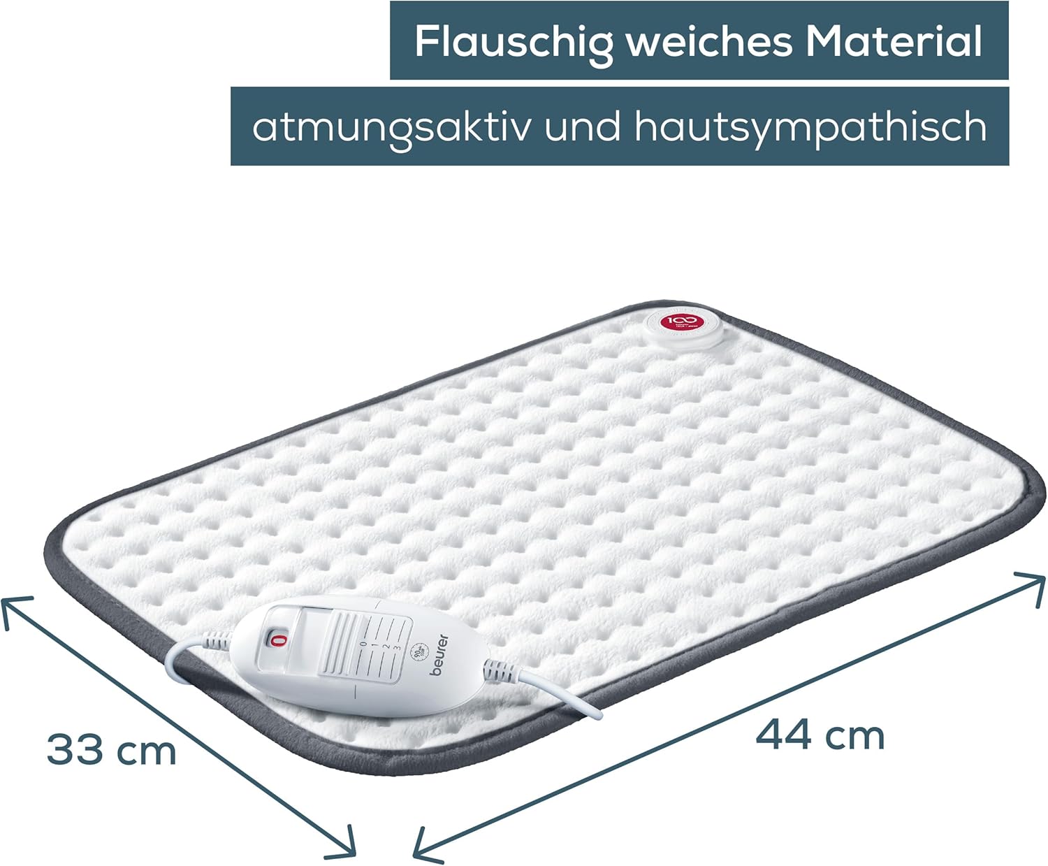 Beurer HK 41 Heat Pad, Super Fluffy Surface, 3 Temperature Levels, Auto Shut-off, Machine Washable, Made in Europe, White/Grey