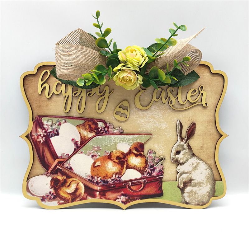 Easter Bunny Door Sign Wooden Decorative Wreath Door Hanging Sign Gifts
