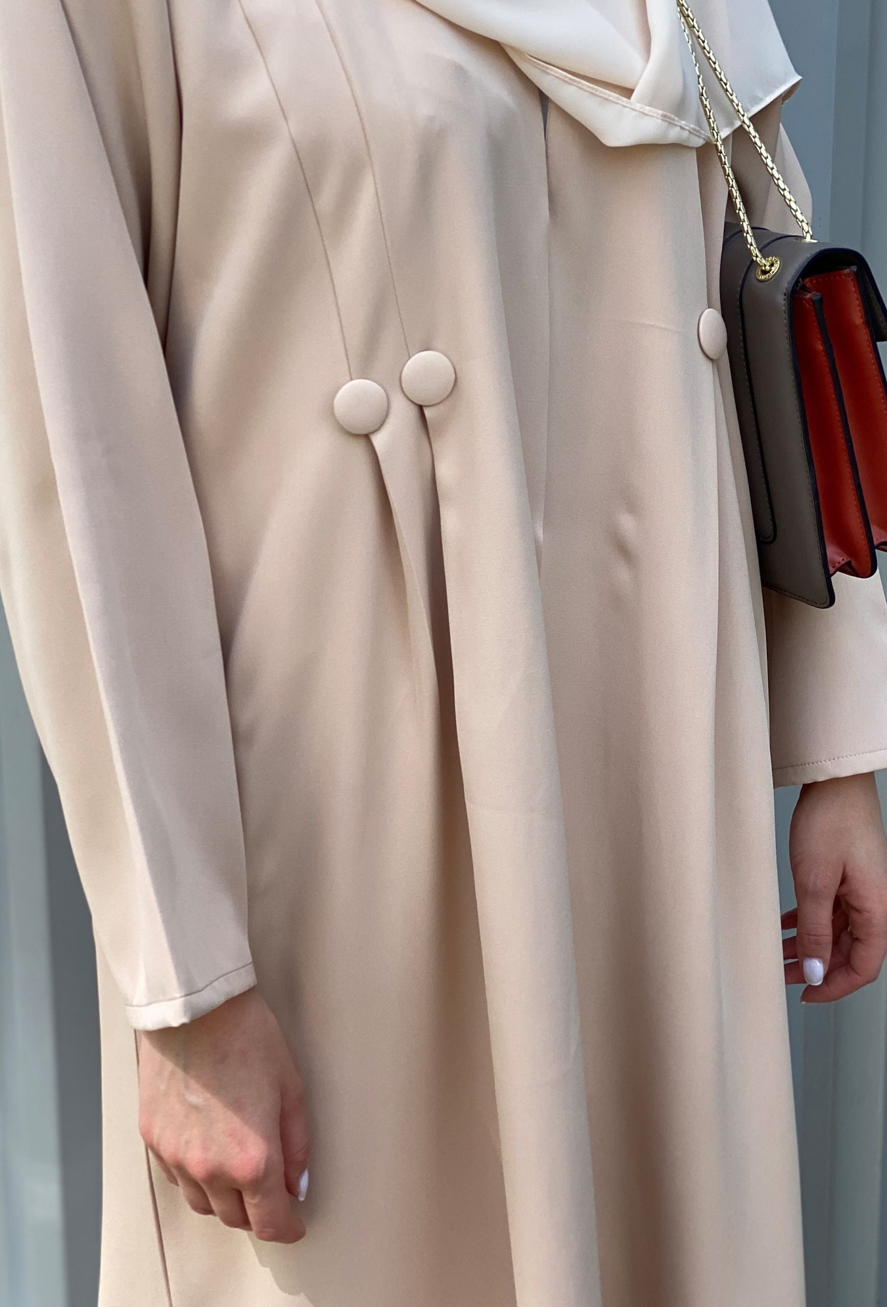 MOiSTREET Barbie Crepe Tan Abaya Set with Buttons Detailing along with  Under Dress and Sheila