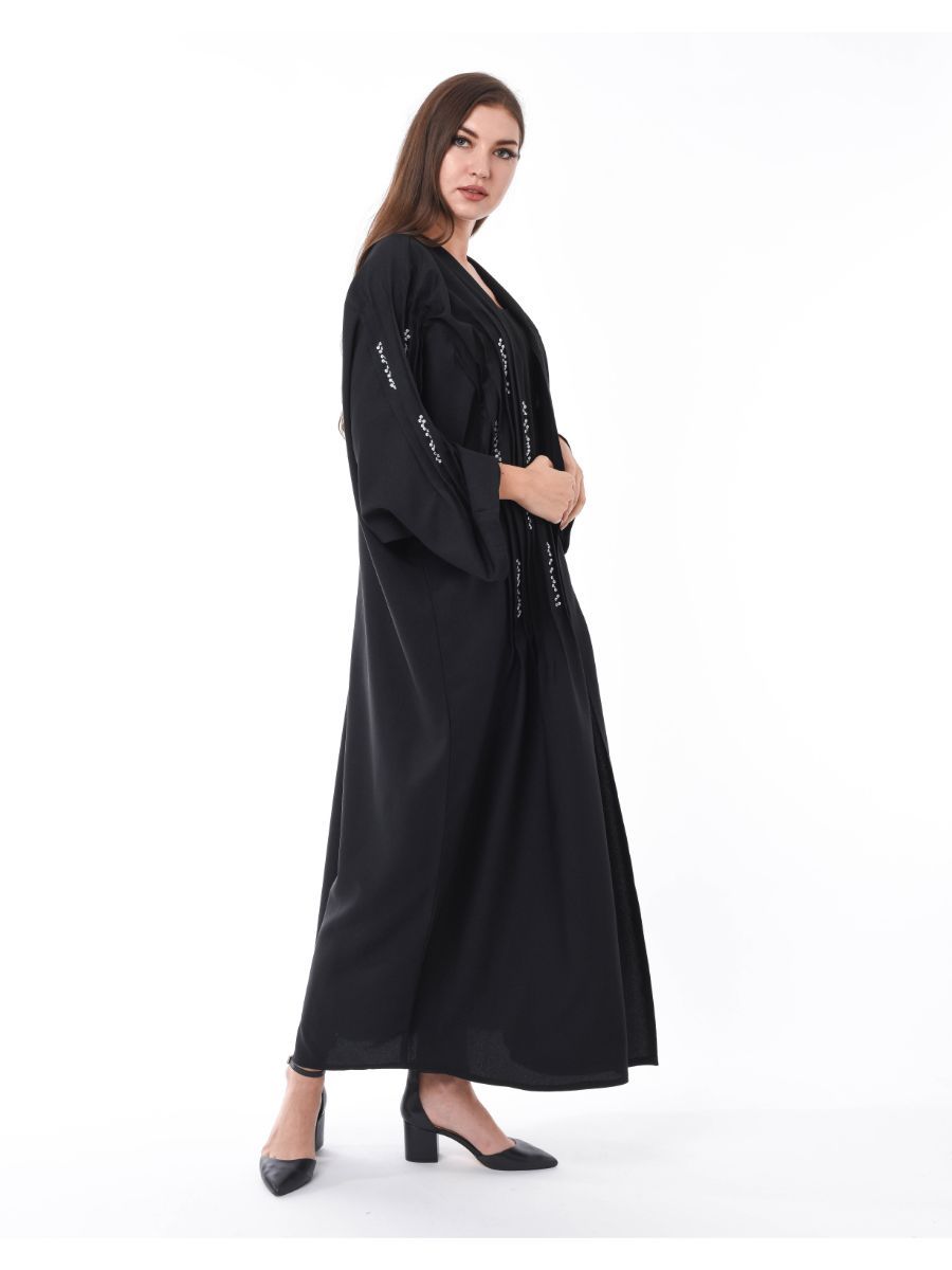 MOiSTREET Black Pleated Detail Abaya with Hand Sequin Embroidery