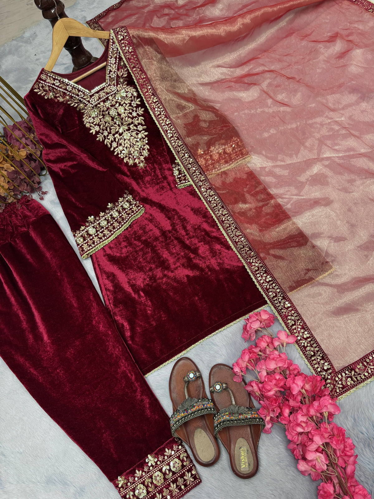 Fab Zone Designer Party Wear Look Heavy Pure Viscose Velvet Top Bottom & Dupatta Set