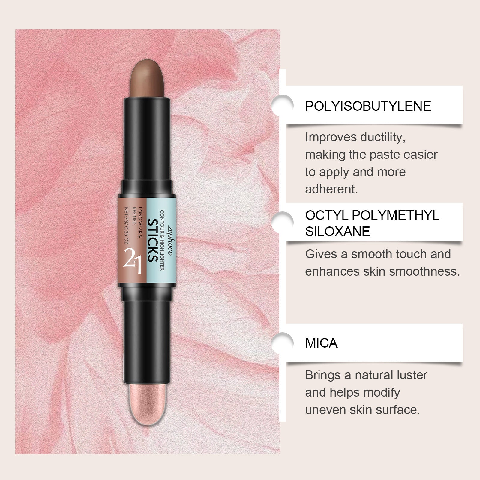 2-in-1 Makeup Contour Stick, Brightening Highlighter, Dual-Head, Easy Glam ,7g