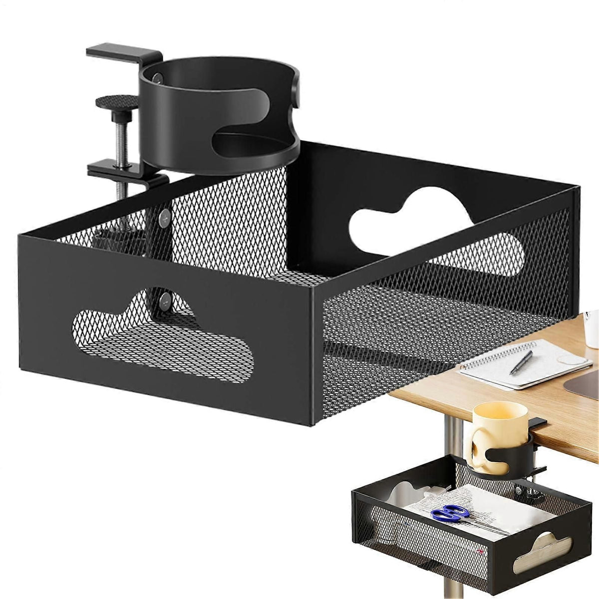 Under Desk Organizer with Cup Holder Clamp On Rotating Storage Tray for Pens Bottles Notebooks
