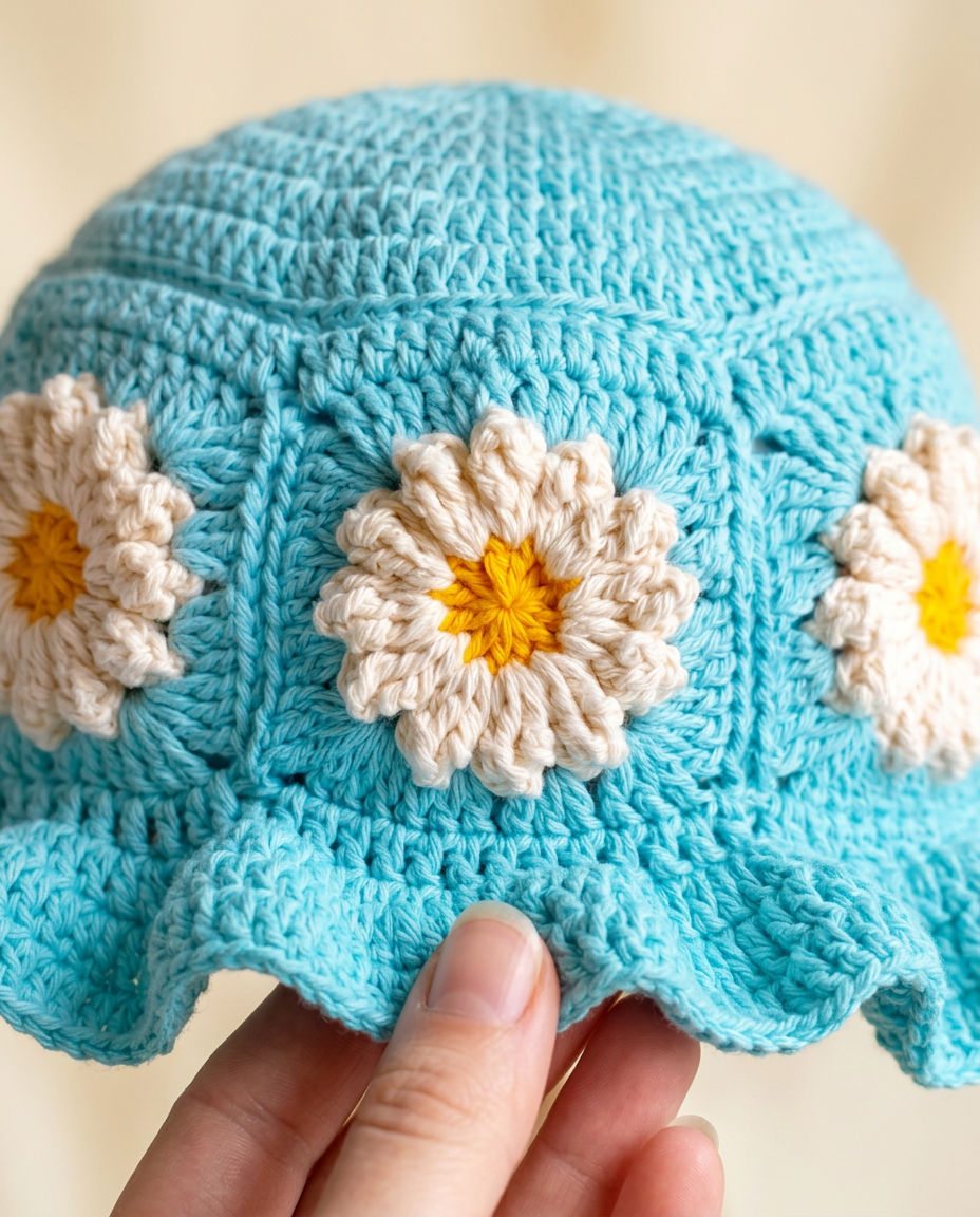 Hush and Stitch Light Blue Daisy Bucket Hat (Cream Flowers)