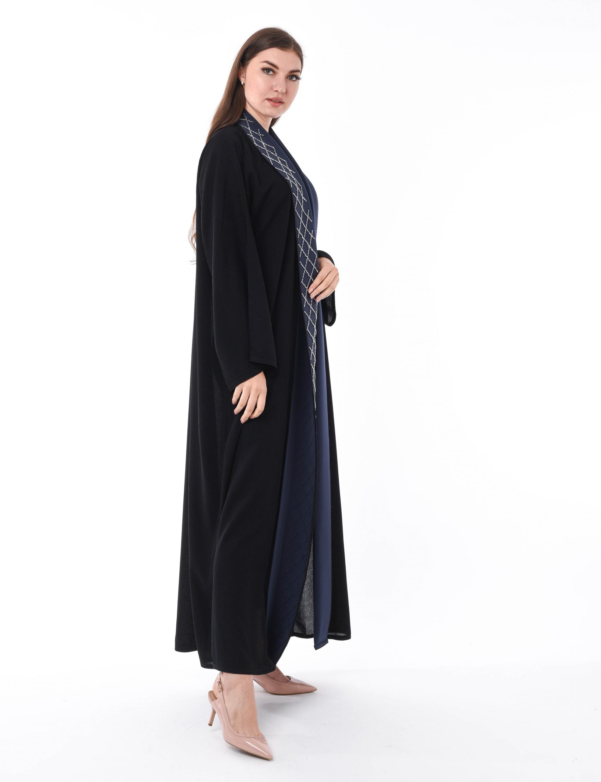 MOiSTREET Black Abaya with Navy Bead work Panel