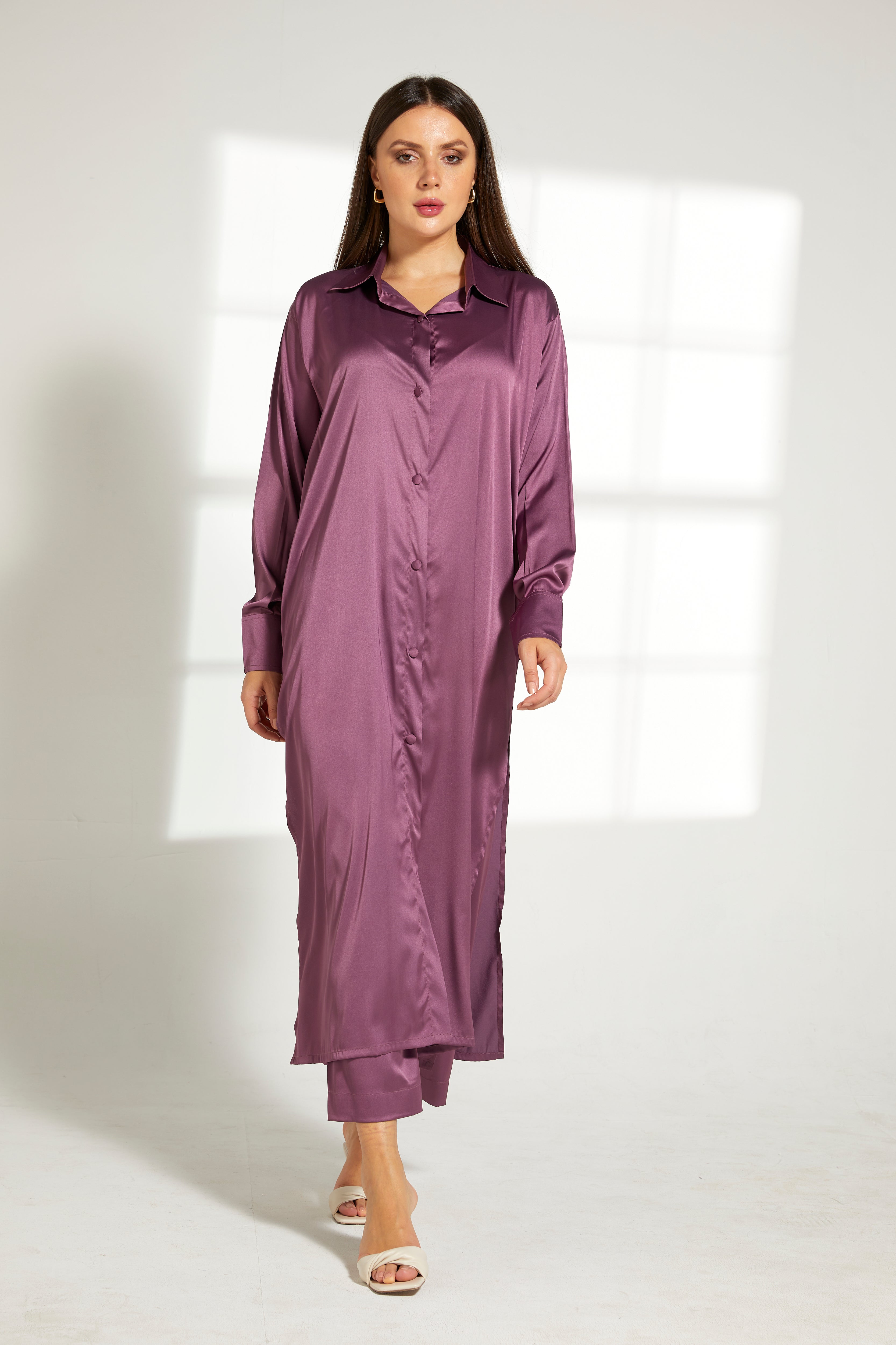 MOiSTREET Purple Silk Fabric Top and Pants Set