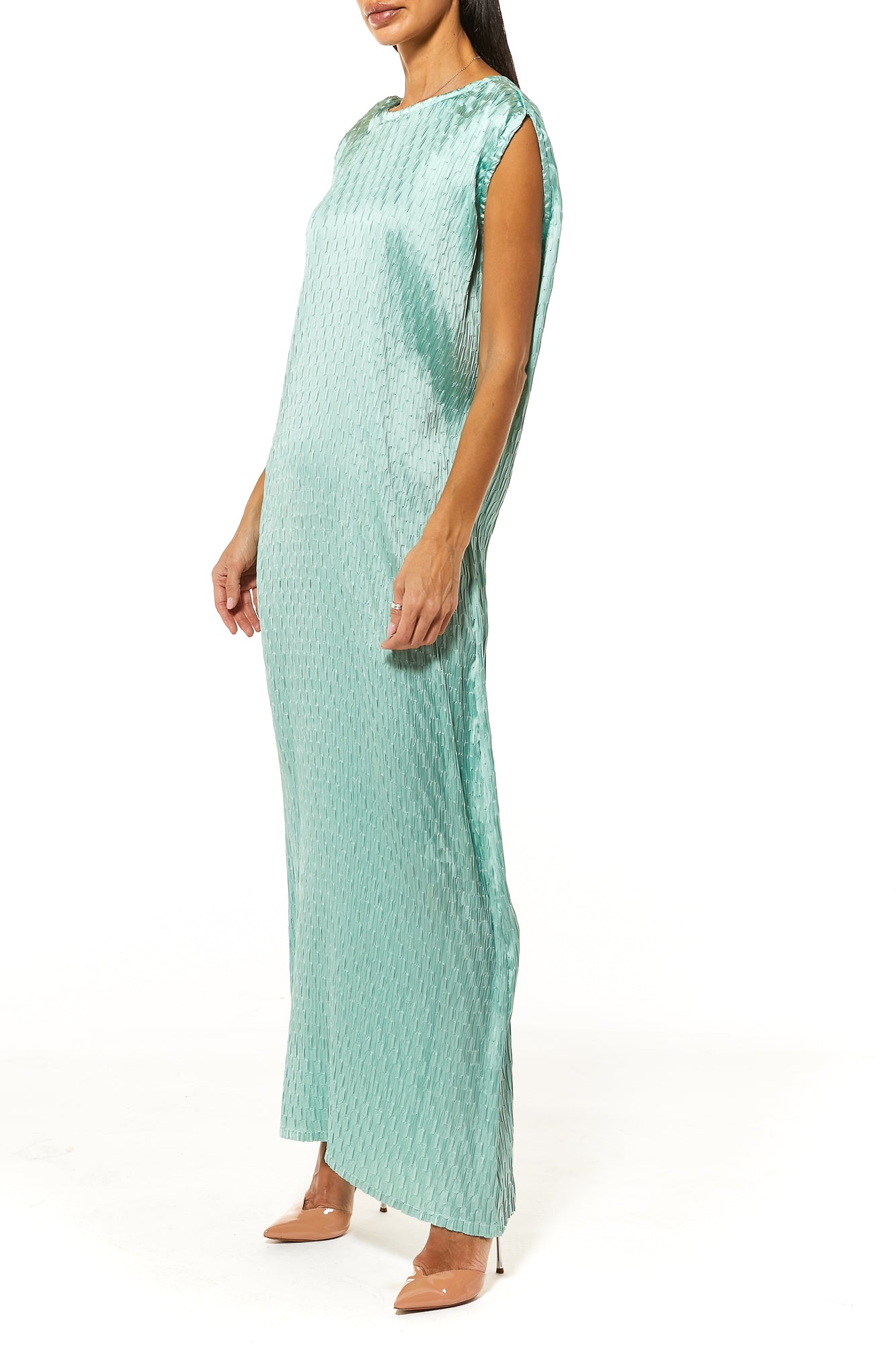 MOiSTREET Sea Green Pleated Armani Silk Under Dress
