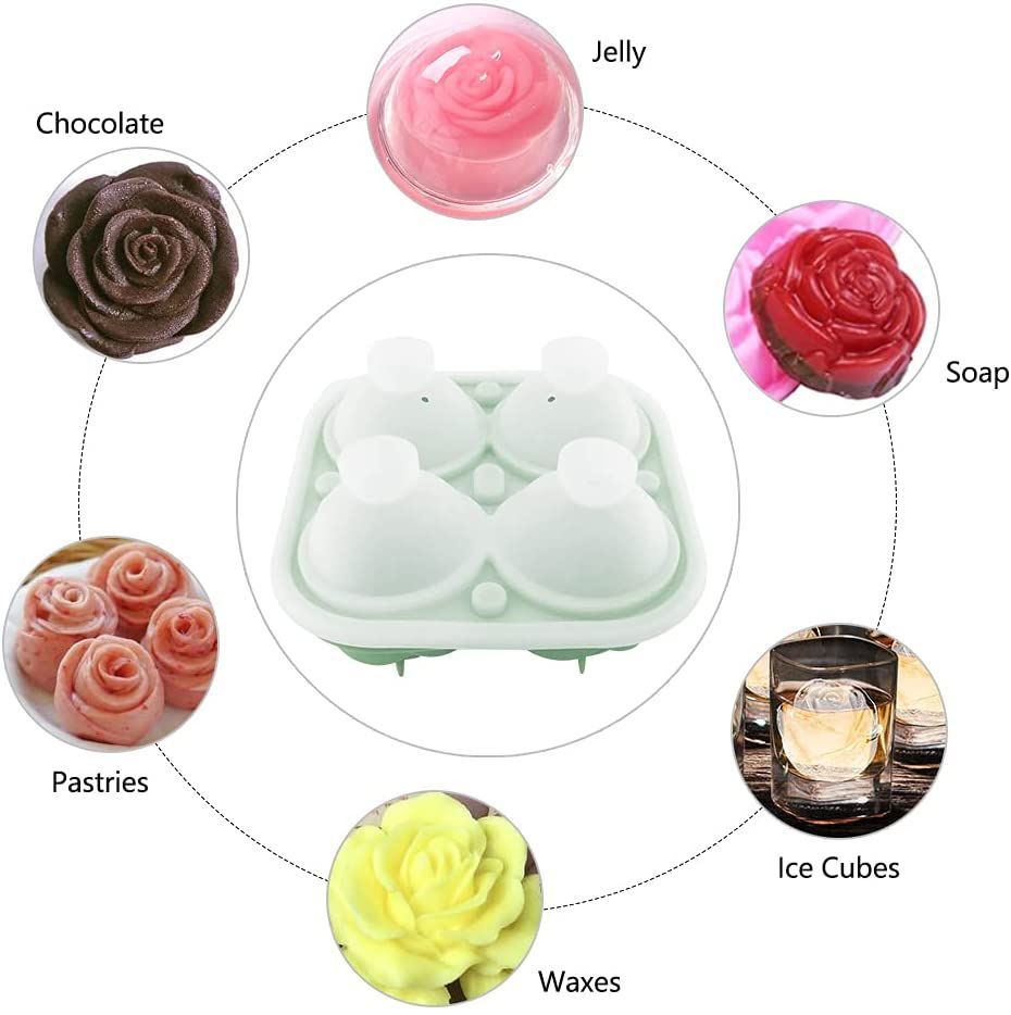 4 Cavity Ice Cube Trays 3D Silicone Rose Ice Tray Mold With Removable Funnel-Shaped Lid
