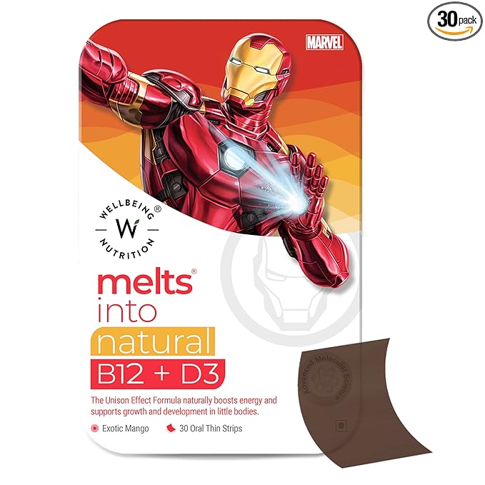 Wellbeing Nutrition Marvel Iron Man Melts| Vitamin B12, D3 & K2 for KidsExotic Mango Flavor (30 Oral Strips)