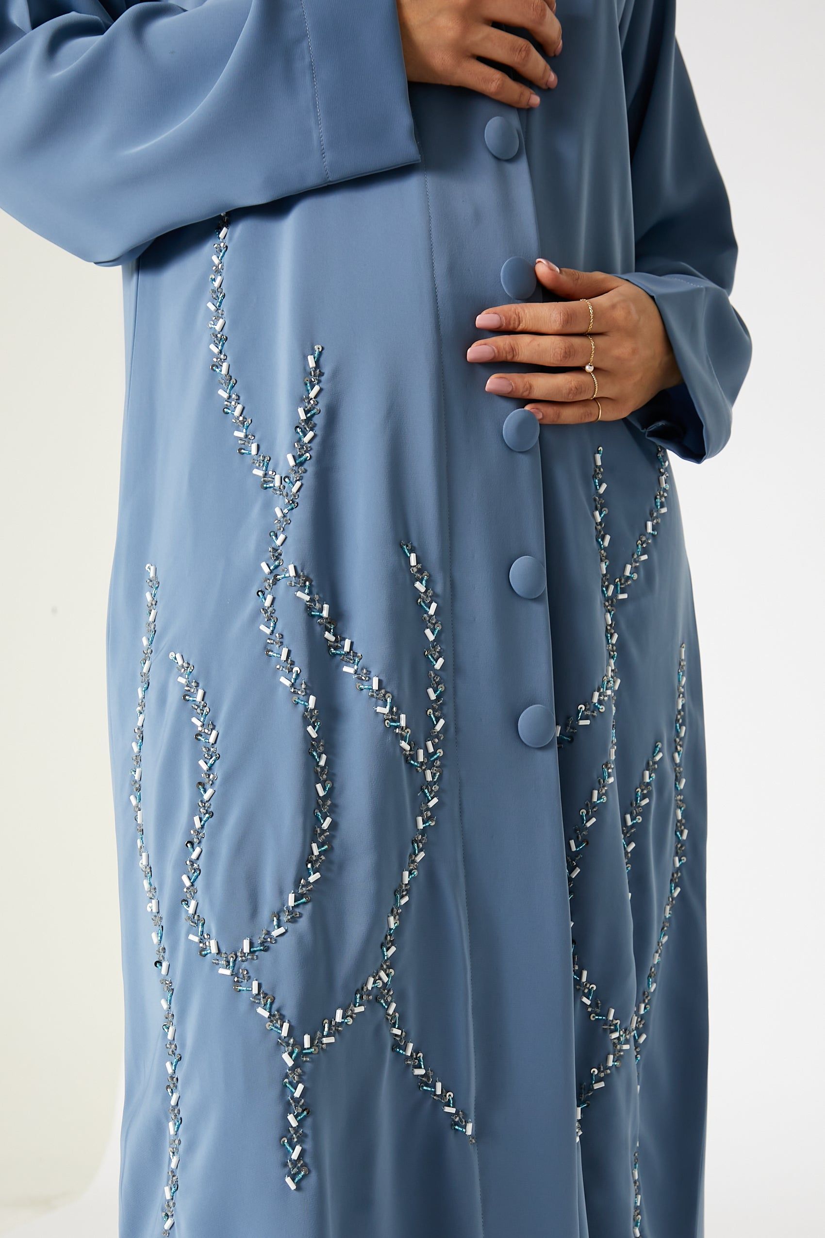 MOiSTREET Blue Front Embroidered Nida Open Abaya