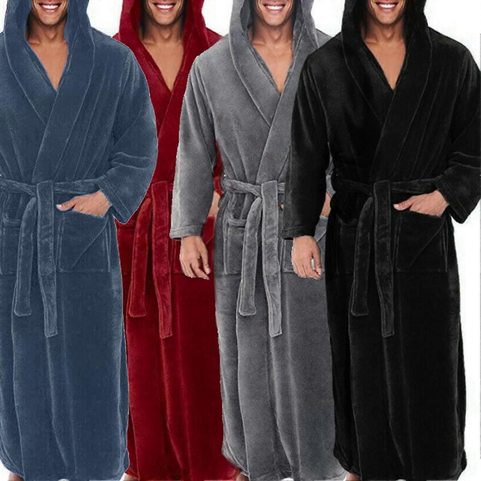 Men Soft Coral Fleece Solid Color Pockets Long Bath Robe Home Gown Sleepwear zxin